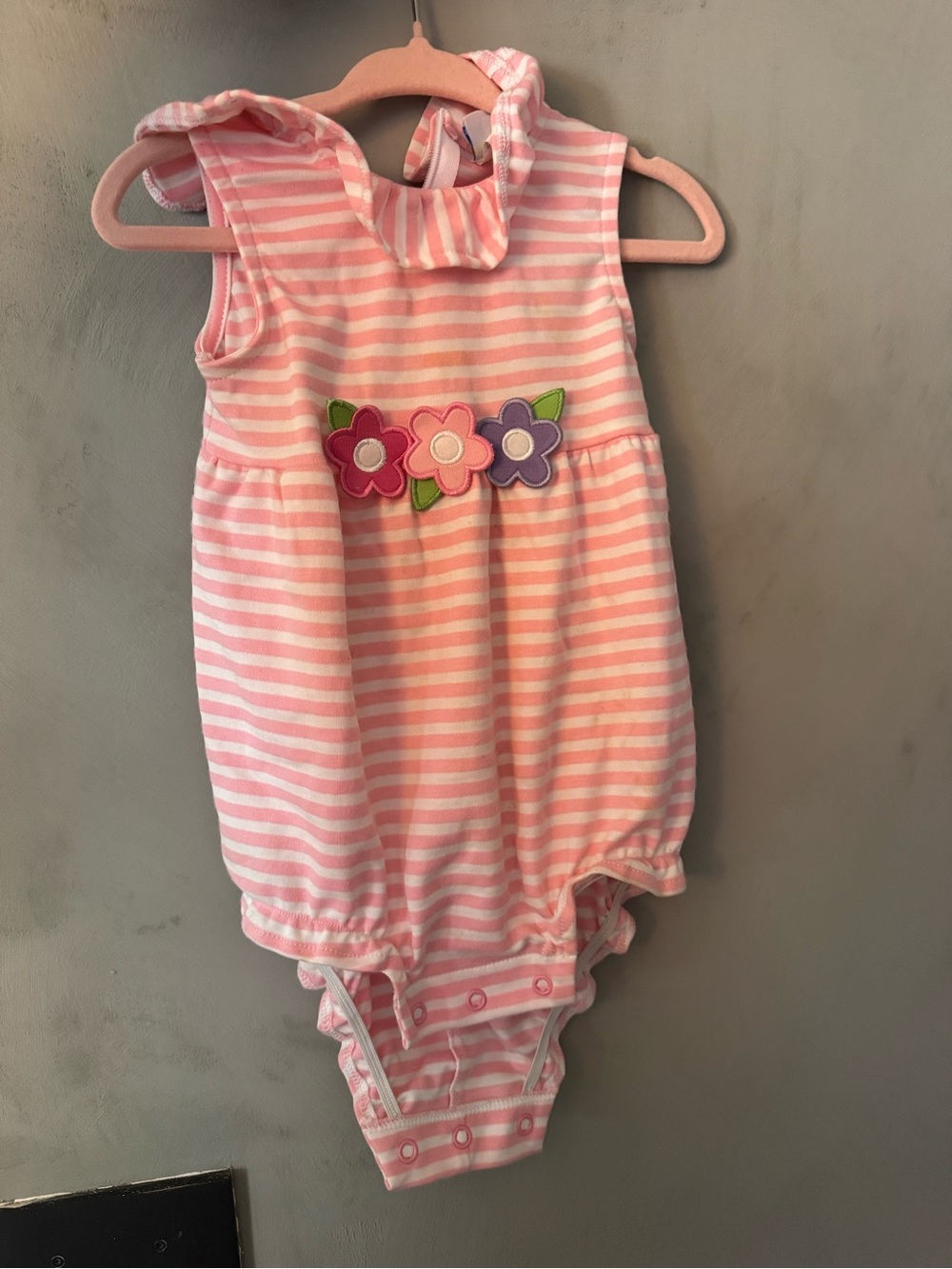 Florence Eiseman Pink and White Striped Floral Applique One-Piece